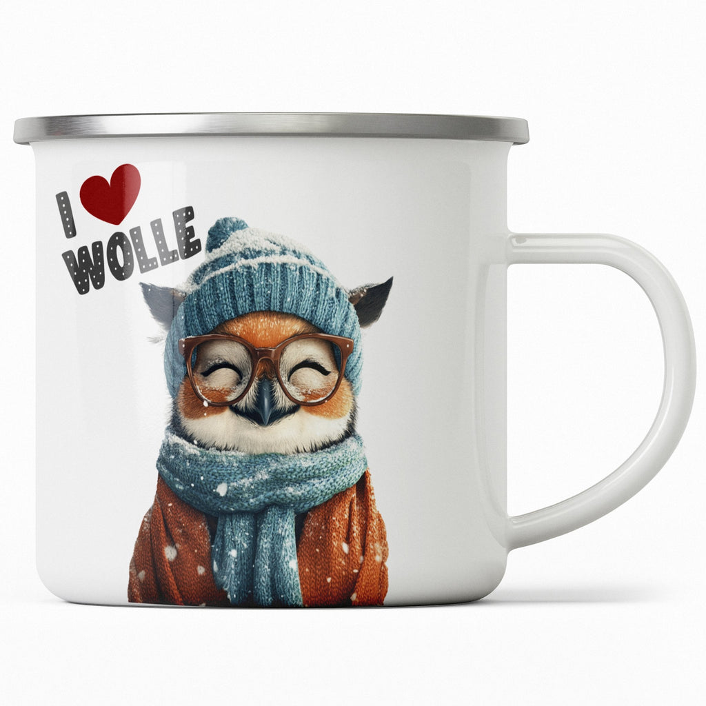 Emaille Tasse Süße Eule mit Brille und Schal I love Wolle mit Name personalisiert & Motiv | Geschenkidee (7474) - von Mikalino