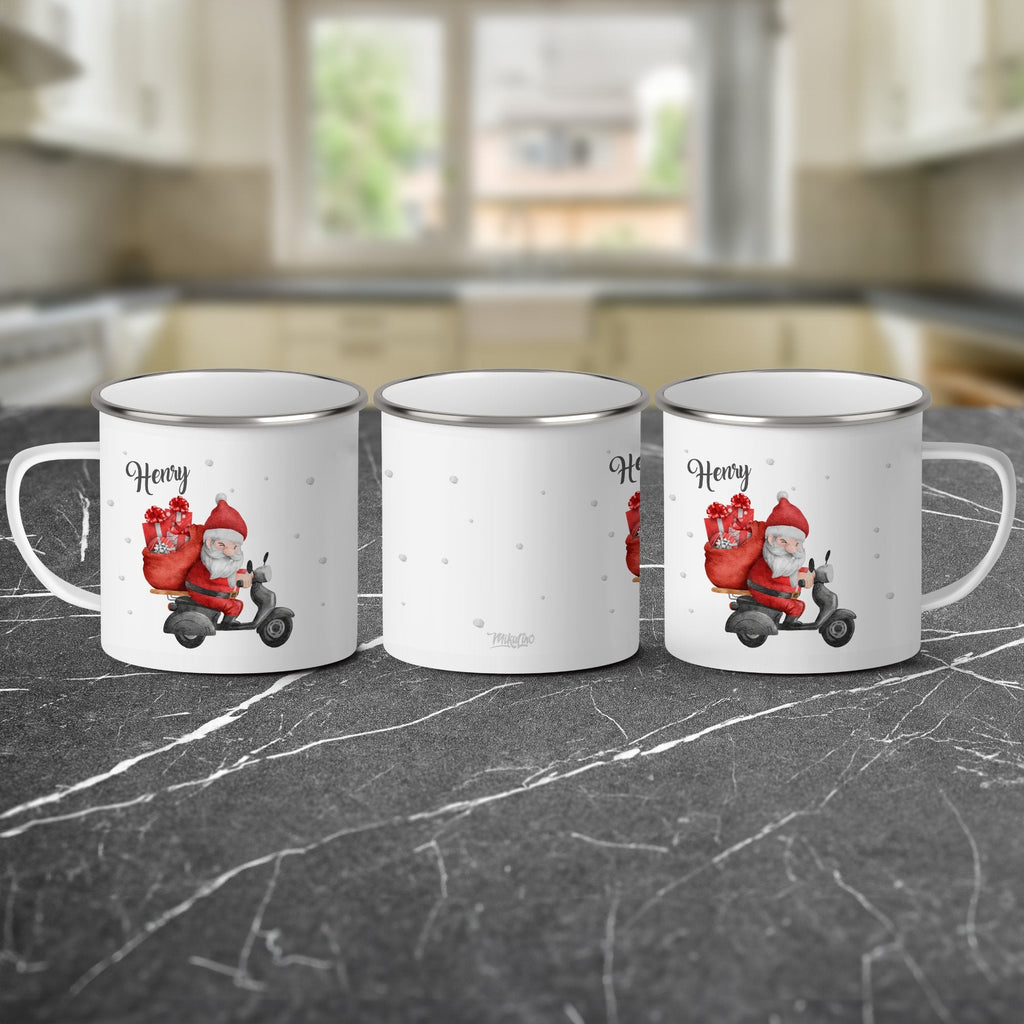 Emaille Tasse Weihnachtsmann auf Motorroller mit Geschenken Weihnachten mit Name personalisiert & Motiv | Geschenkidee (7471) - von Mikalino