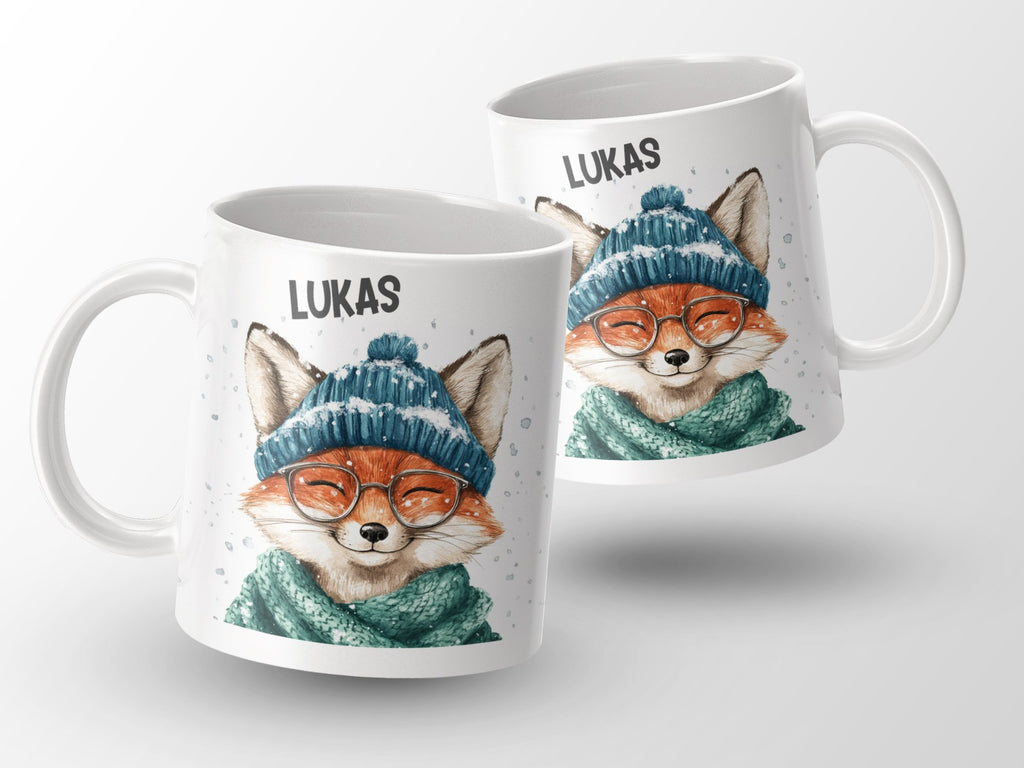 Keramik Tasse mit Wunschname Lustige Fuchs Illustration - von Mikalino