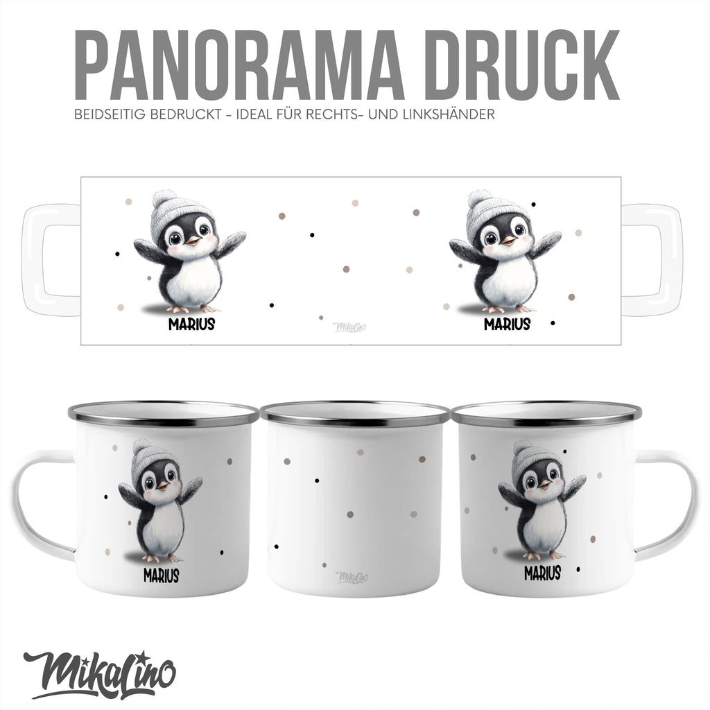 Emaille Tasse Niedliches Pinguin-Design Marius Wintermütze mit Name personalisiert & Motiv | Geschenkidee (7482) - von Mikalino