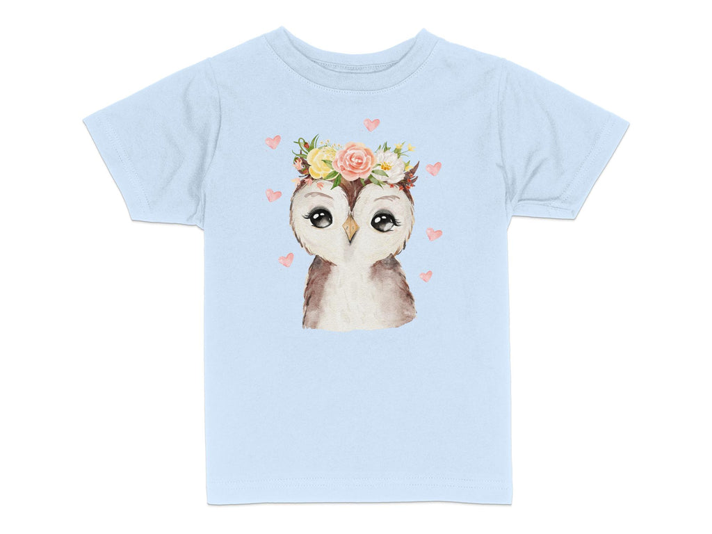 Kinder T-Shirt mit niedlicher Eule, Blumenkranz Motiv, Geschenk für Mädchen, Bio-Baumwolle - von Mikalino