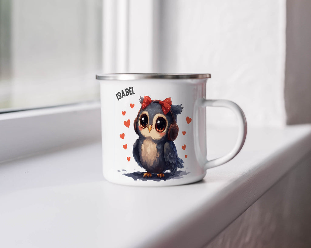 Emaille Tasse Süße Eule mit roten Herzen Kaffeetassen mit Name personalisiert & Motiv | Geschenkidee (7476) - von Mikalino