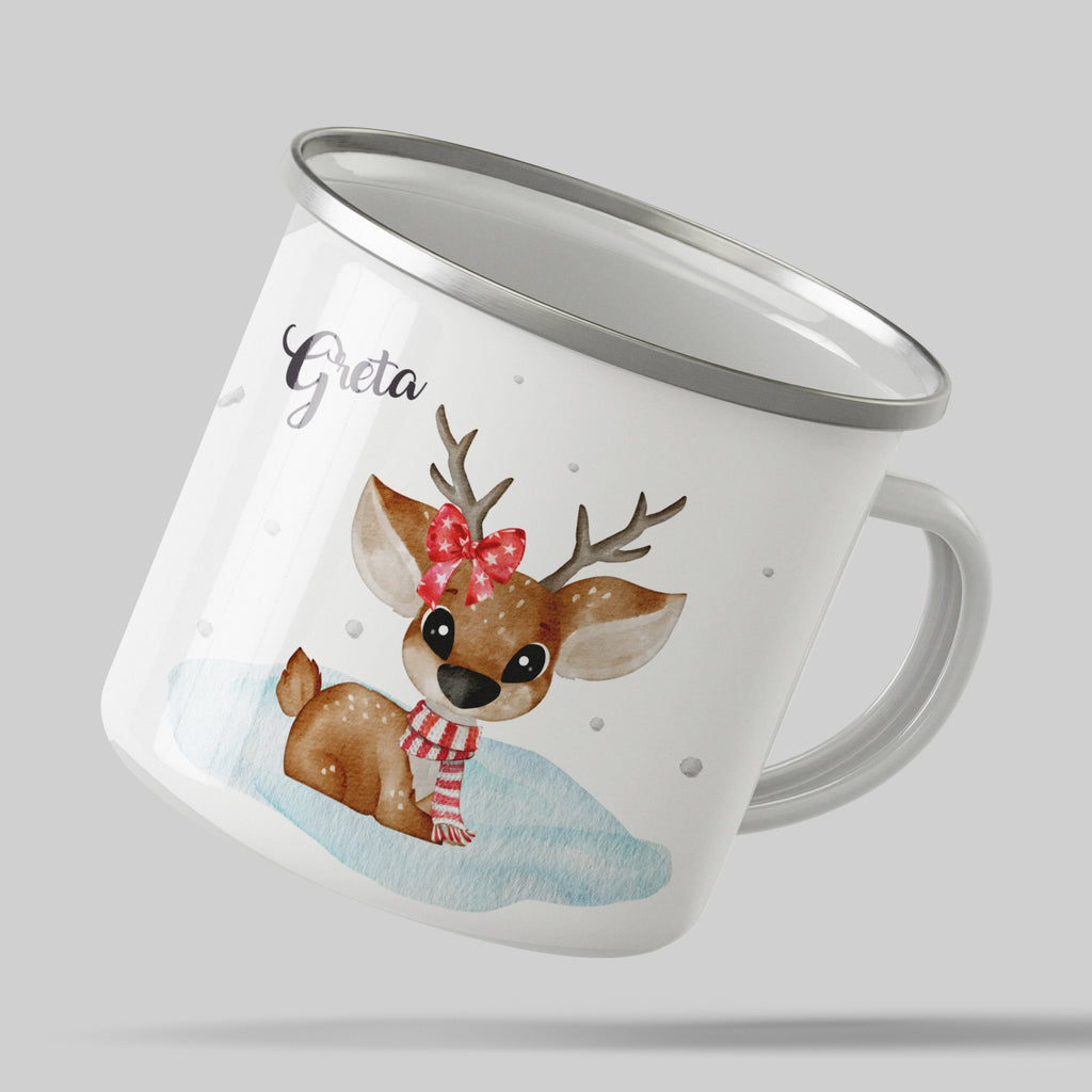 Emaille Tasse Niedliches Rentier mit Schleife und Schal Design Weihnachten mit Name personalisiert & Motiv | Geschenkidee (7473) - von Mikalino