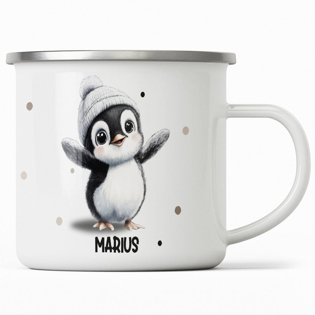 Emaille Tasse Niedliches Pinguin-Design Marius Wintermütze mit Name personalisiert & Motiv | Geschenkidee (7482) - von Mikalino