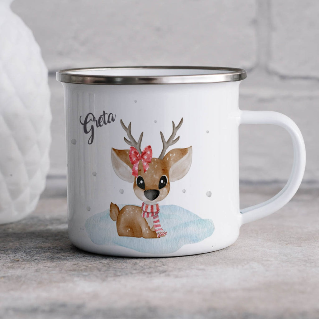 Emaille Tasse Niedliches Rentier mit Schleife und Schal Design Weihnachten mit Name personalisiert & Motiv | Geschenkidee (7473) - von Mikalino