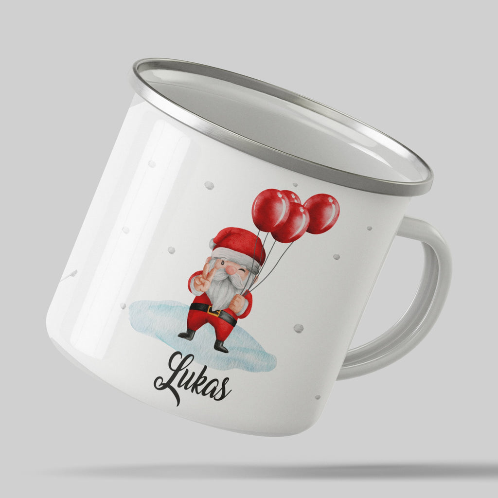 Emaille Tasse Weihnachtsmann mit Luftballons und Name Weihnachten mit Name personalisiert & Motiv | Geschenkidee (7470) - von Mikalino