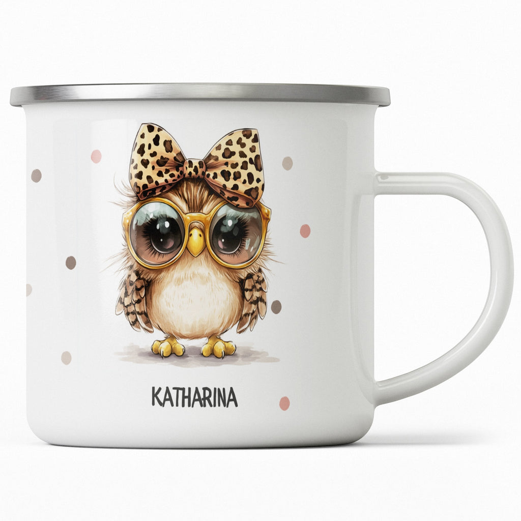 Emaille Tasse Niedliche Eulen Brille Tassen Leopard Schleife mit Name personalisiert & Motiv | Geschenkidee (7475) - von Mikalino