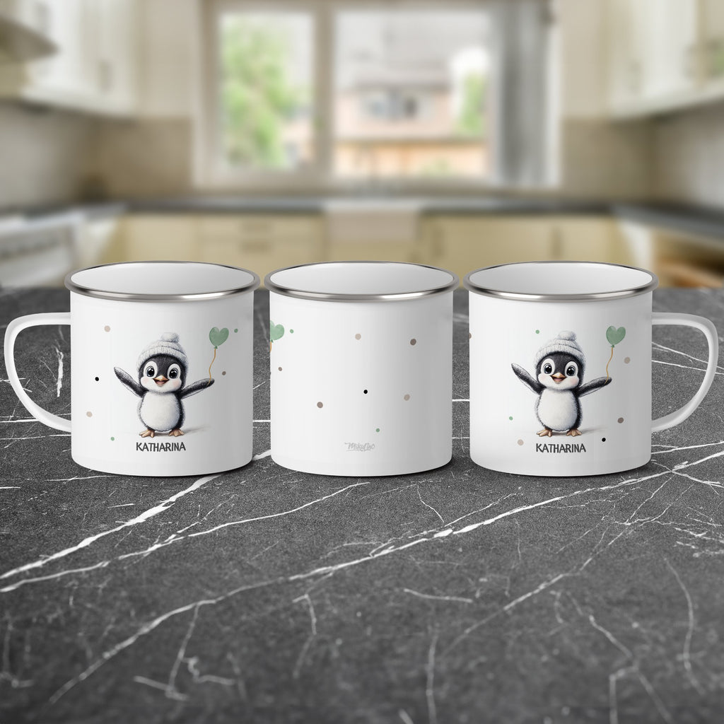 Emaille Tasse Pinguin mit Herzballon Katharina mit Name personalisiert & Motiv | Geschenkidee (7480) - von Mikalino