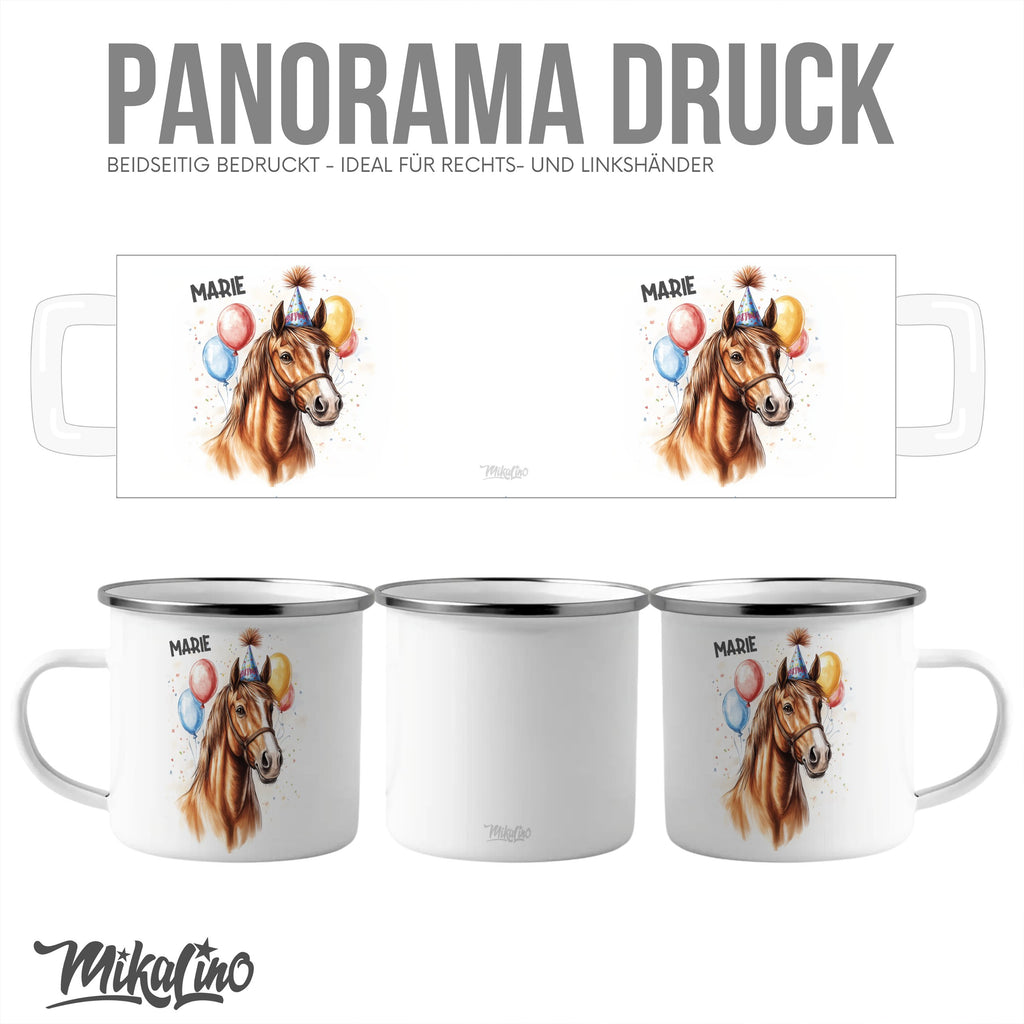 Emaille Tasse Schöne Party-Pferdebecher mit bunten Ballons mit Name personalisiert & Motiv | Geschenkidee (7494) - von Mikalino