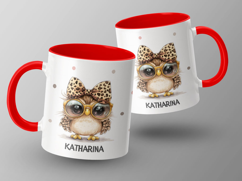 Keramik Tasse mit eigenem Namen Eule mit Brille und Schleife - von Mikalino