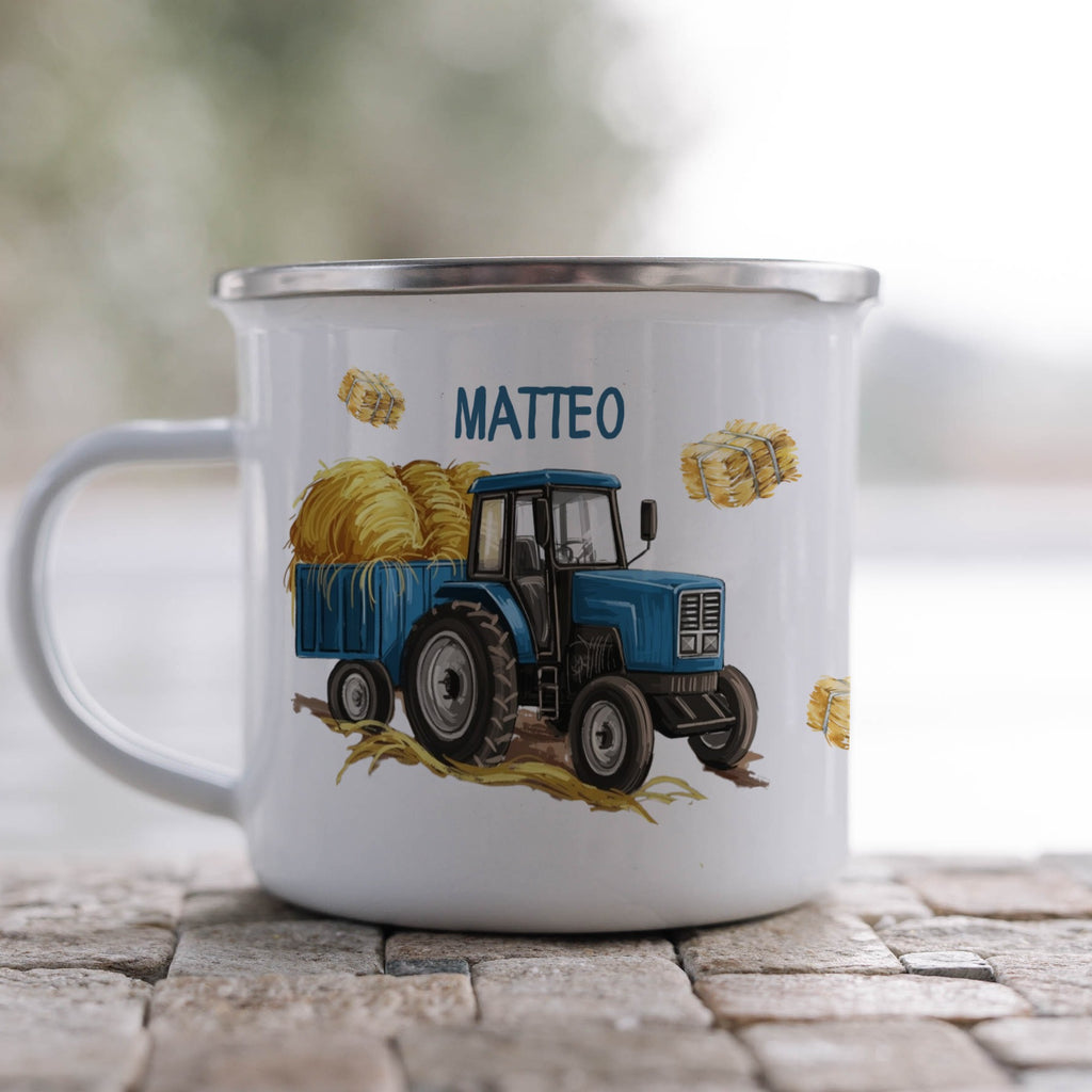 Personalized Blue Tractor Enamel Coffee Mug product type