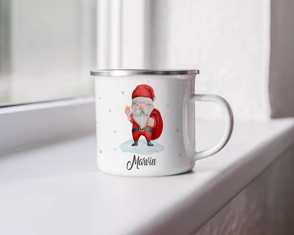 Emaille Tasse Lustiger Weihnachtsmann Design Weihnachten mit Name personalisiert & Motiv | Geschenkidee (7469) - von Mikalino