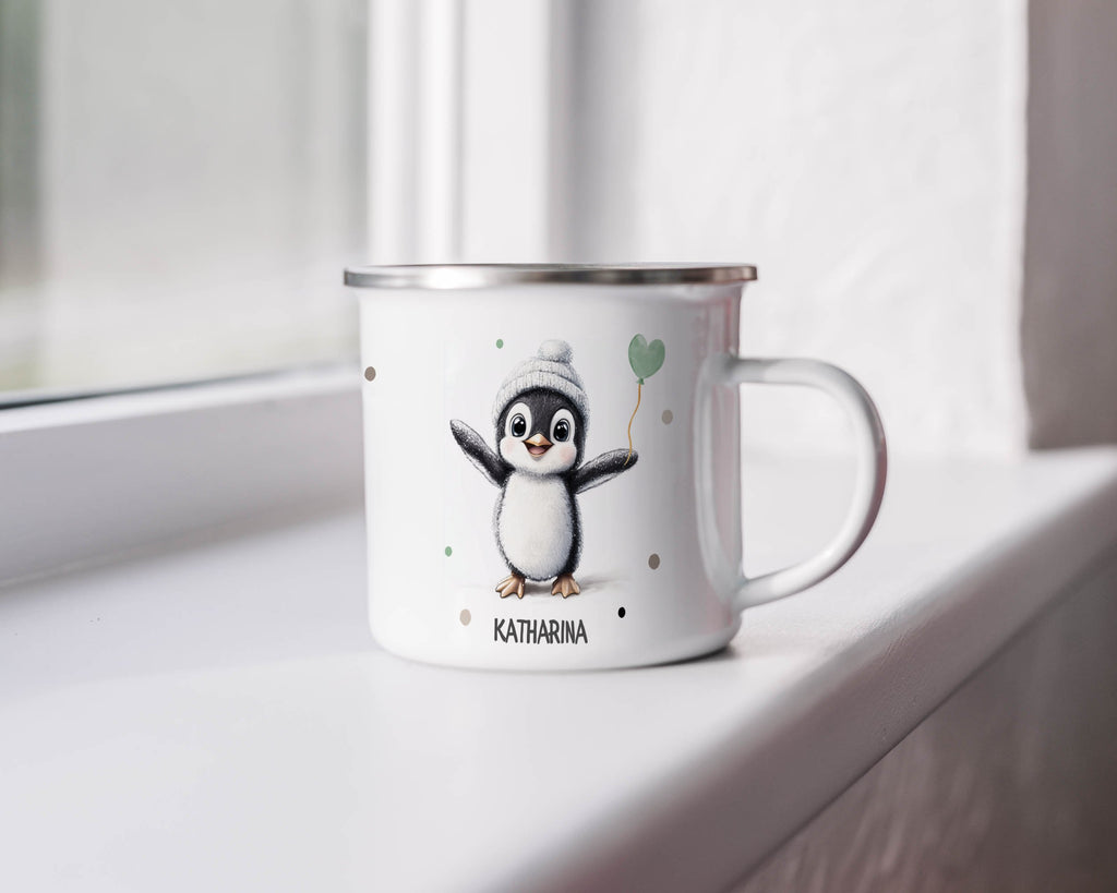 Emaille Tasse Pinguin mit Herzballon Katharina mit Name personalisiert & Motiv | Geschenkidee (7480) - von Mikalino