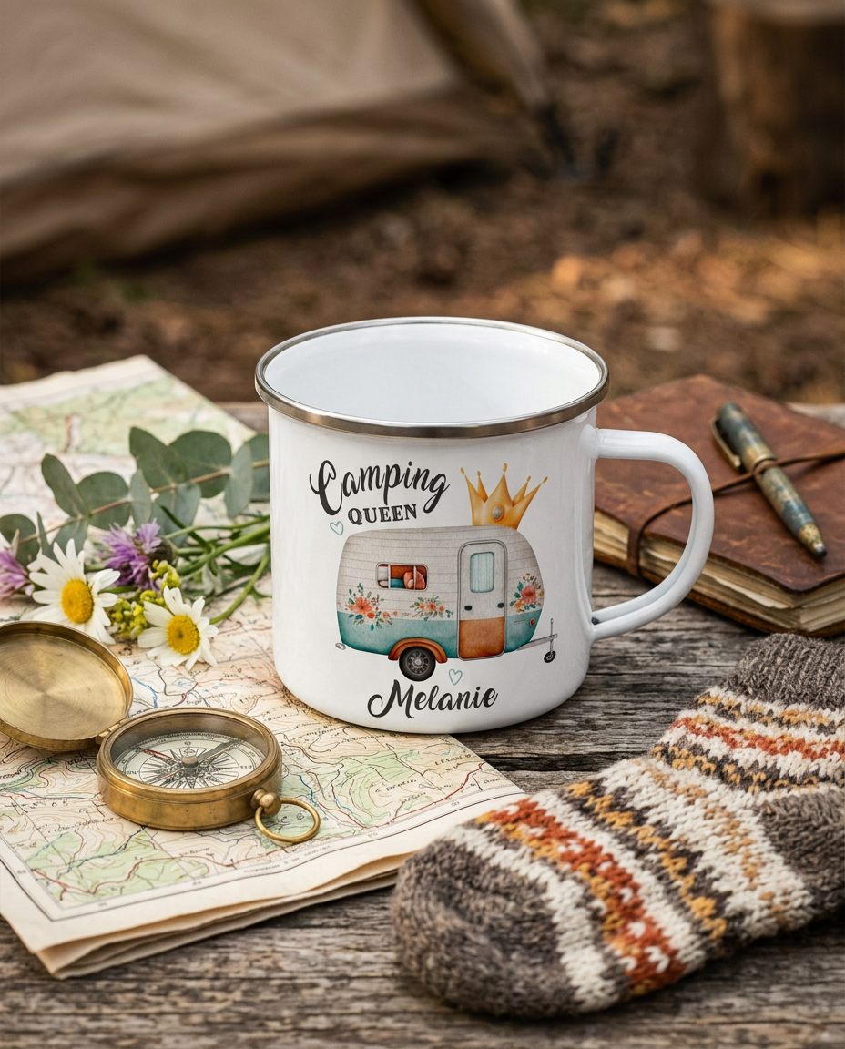 Camping Queen Emaille Tasse personalisiert