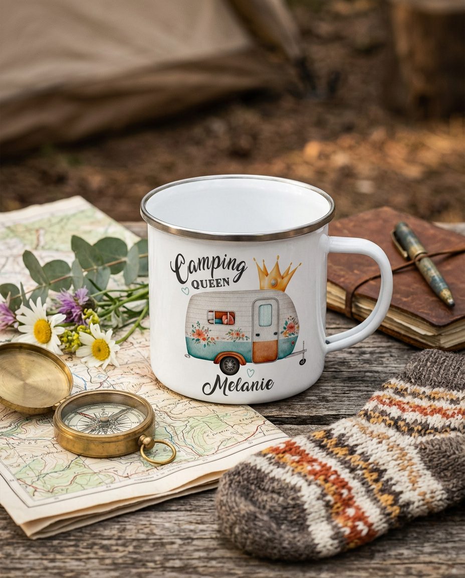 Camping Queen Emaille Tasse personalisiert