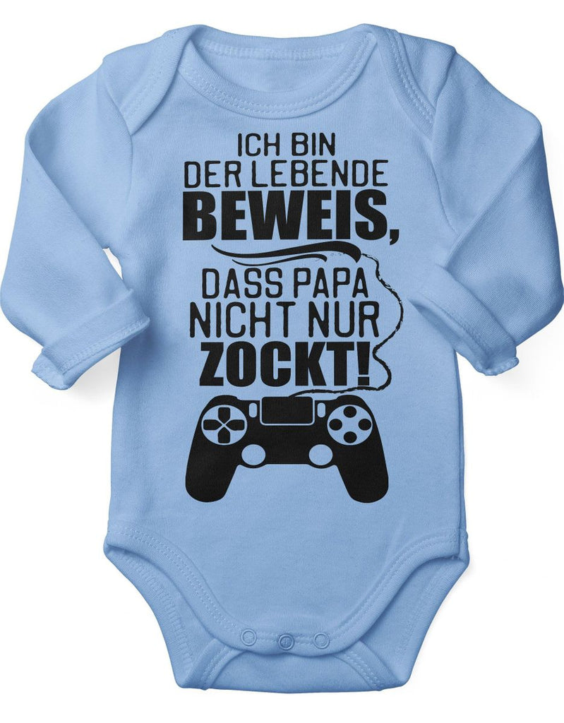 Babybody Langarm Ich bin der lebende Beweis, dass Papa nicht nur zockt. - von Mikalino