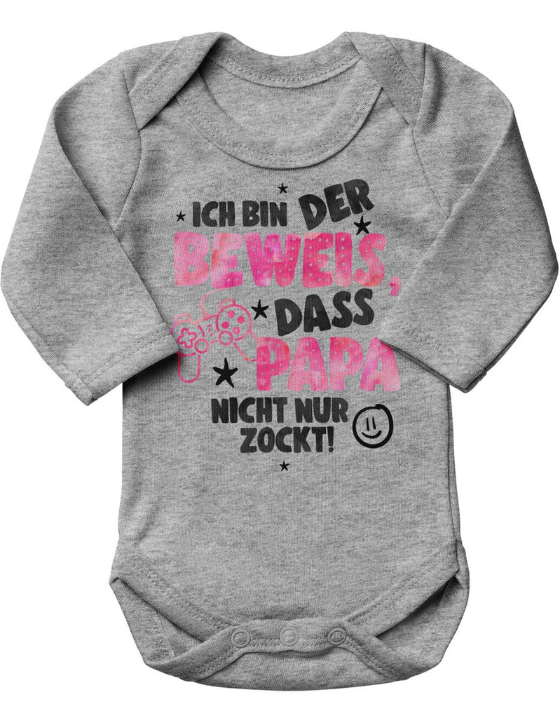 Babybody Langarm Ich bin der Beweis, dass Papa nicht nur zockt rosa - von Mikalino