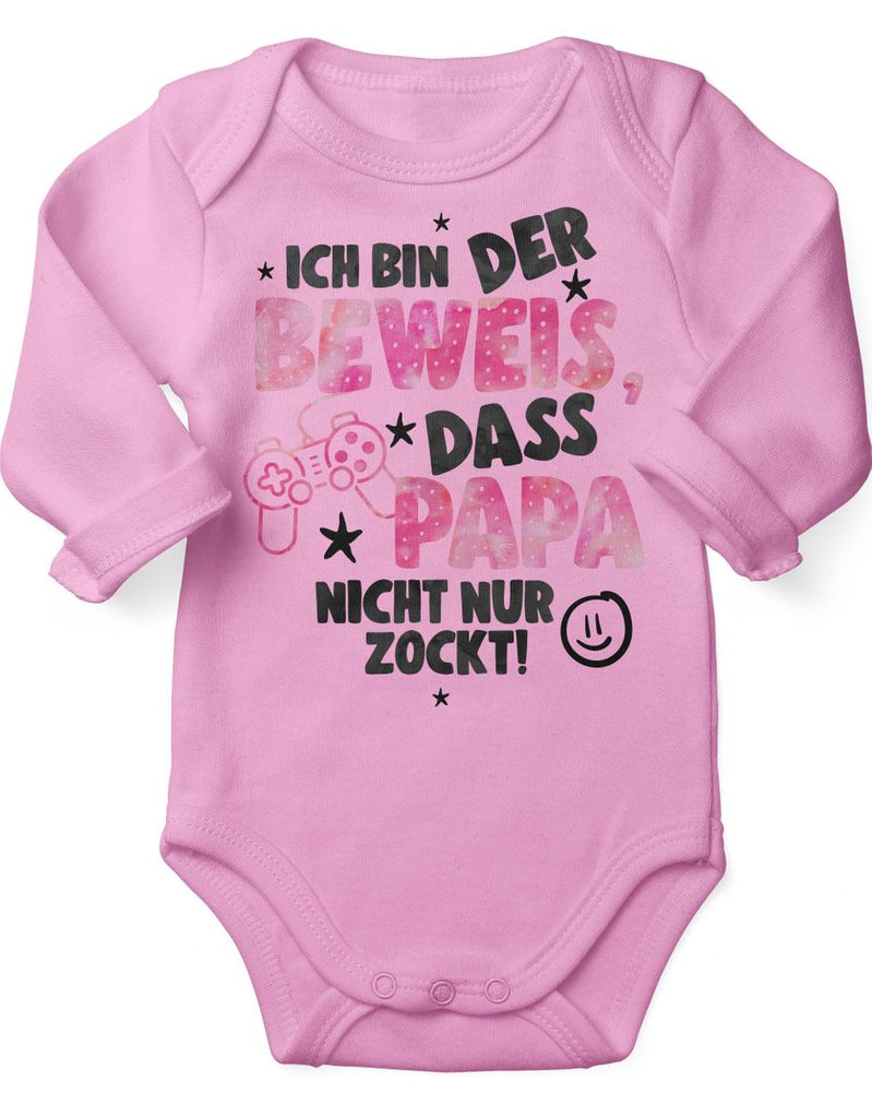 Babybody Langarm Ich bin der Beweis, dass Papa nicht nur zockt rosa - von Mikalino