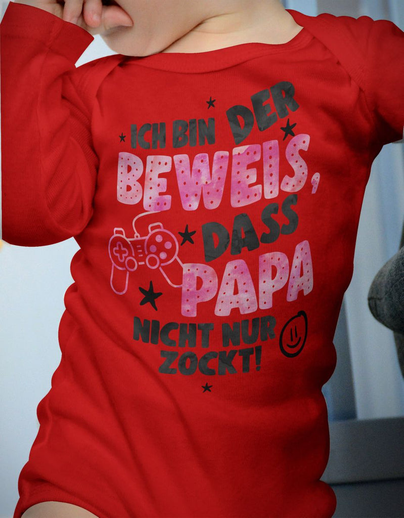 Babybody Langarm Ich bin der Beweis, dass Papa nicht nur zockt rosa - von Mikalino