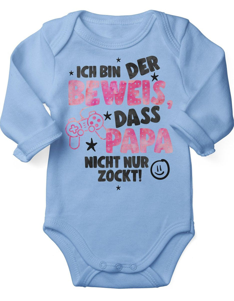 Babybody Langarm Ich bin der Beweis, dass Papa nicht nur zockt rosa - von Mikalino