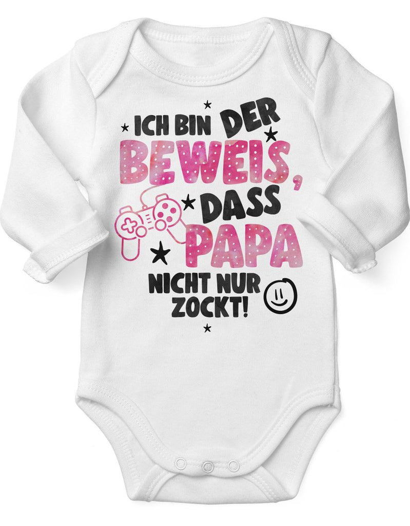 Babybody Langarm Ich bin der Beweis, dass Papa nicht nur zockt rosa - von Mikalino