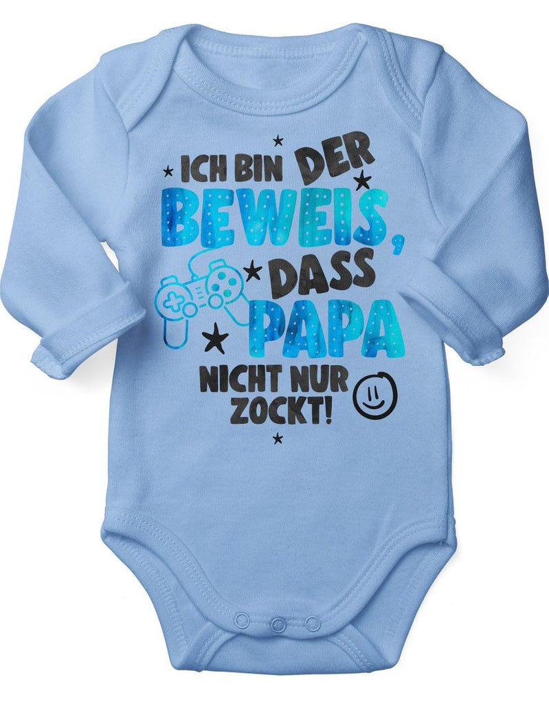 Babybody Langarm Ich bin der Beweis, dass Papa nicht nur zockt blau - von Mikalino