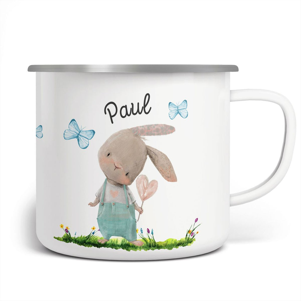 Emaille Tasse Hase mit Herz und Schmetterling blau - von Mikalino