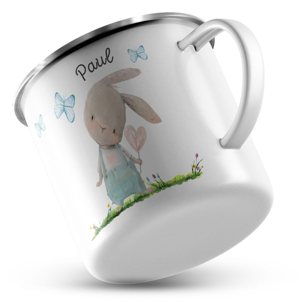 Emaille Tasse Hase mit Herz und Schmetterling blau - von Mikalino