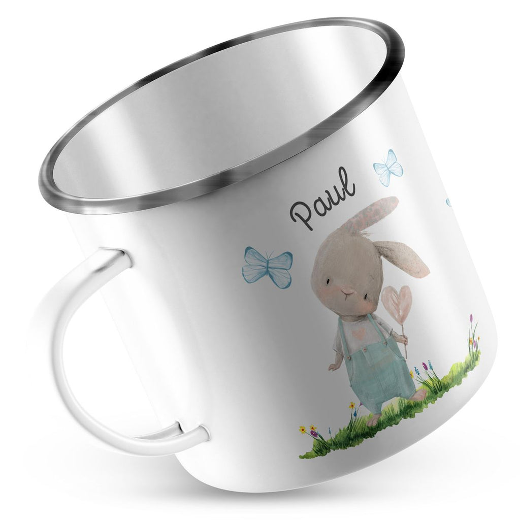 Emaille Tasse Hase mit Herz und Schmetterling blau - von Mikalino