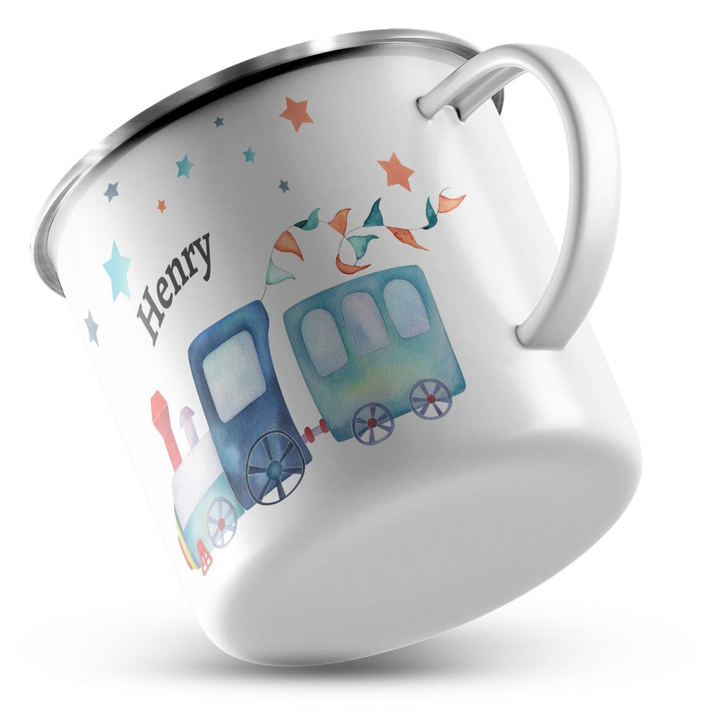 Emaille Tasse Eisenbahn Lok mit Sternen personalisiert mit Namen | handbedrucktes Geschenk - von Mikalino