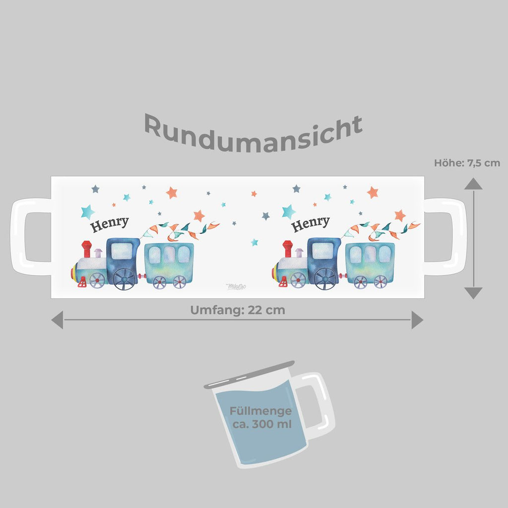 Emaille Tasse Eisenbahn Lok mit Sternen personalisiert mit Namen | handbedrucktes Geschenk - von Mikalino