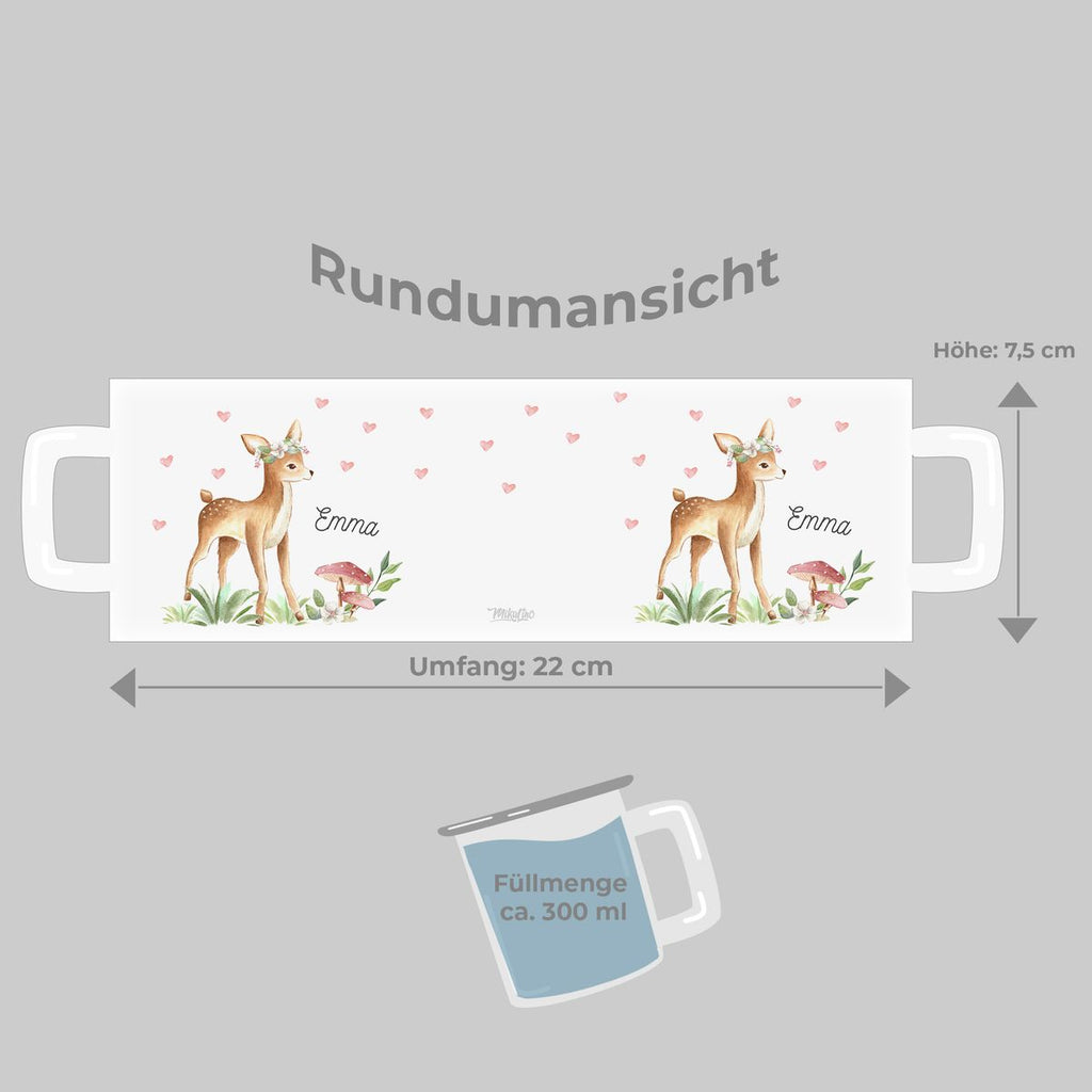 Emaille Tasse Reh im Wald mit Fliegenpilz mit Namen - von Mikalino