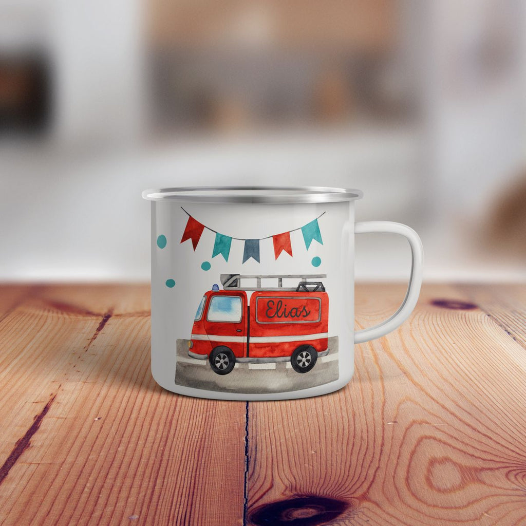 Emaille Tasse Feuerwehr Feuerwehrauto - von Mikalino