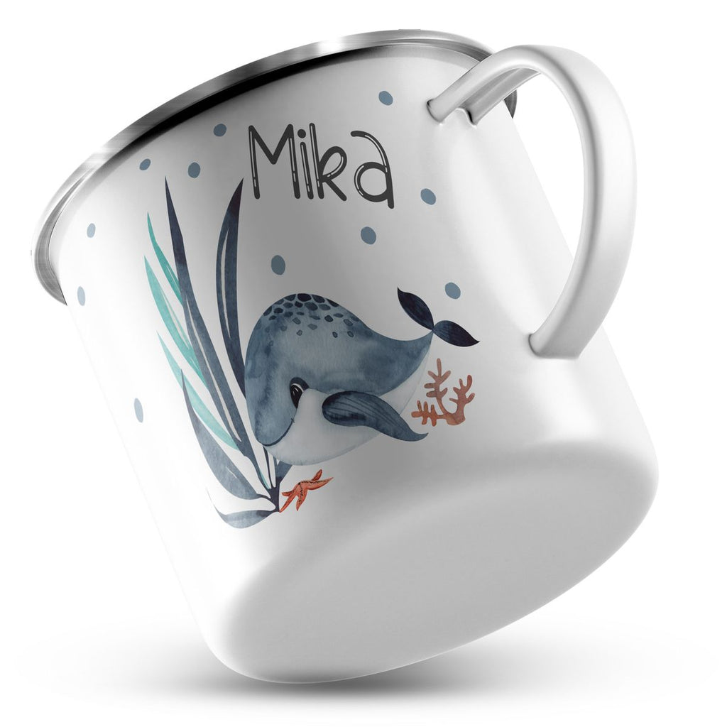 Emaille Tasse Wal im Meer personalisiert mit Namen | handbedrucktes Geschenk - von Mikalino