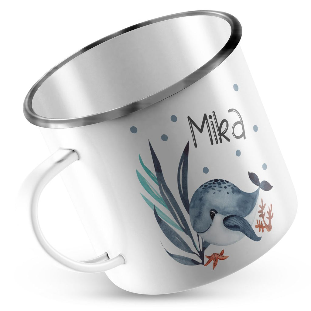 Emaille Tasse Wal im Meer personalisiert mit Namen | handbedrucktes Geschenk - von Mikalino