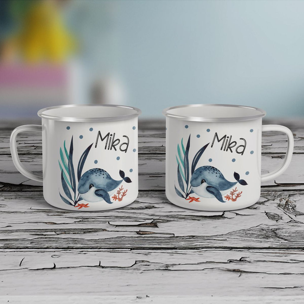 Emaille Tasse Wal im Meer personalisiert mit Namen | handbedrucktes Geschenk - von Mikalino