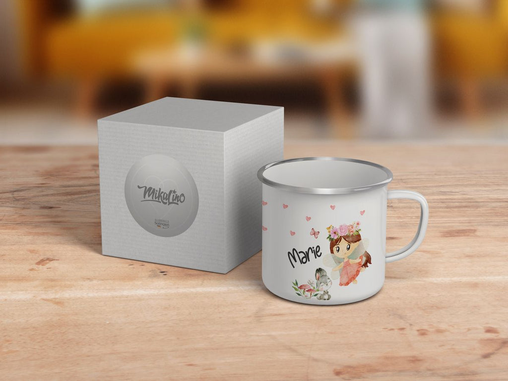 Emaille Tasse Fee mit Hase und Herzen personalisiert mit Namen | handbedrucktes Geschenk - von Mikalino