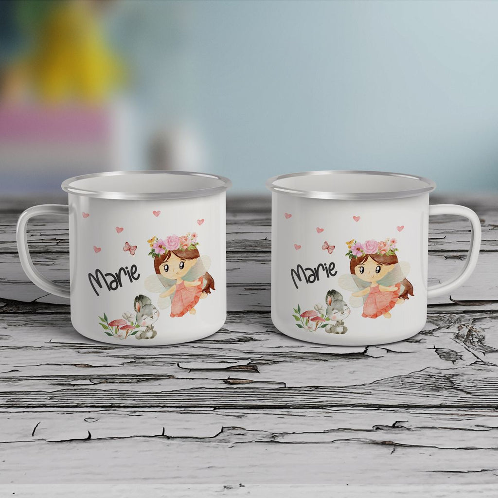 Emaille Tasse Fee mit Hase und Herzen personalisiert mit Namen | handbedrucktes Geschenk - von Mikalino