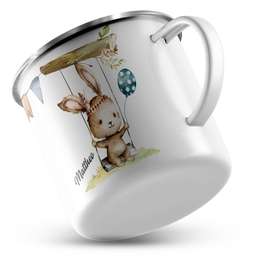 Emaille Tasse Hase auf Schaukel Luftballon blau personalisiert mit Namen | handbedrucktes Geschenk - von Mikalino