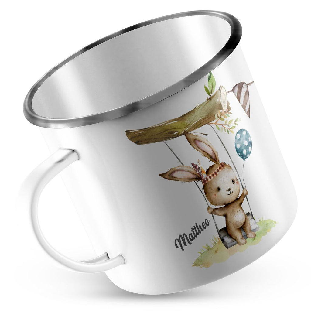 Emaille Tasse Hase auf Schaukel Luftballon blau personalisiert mit Namen | handbedrucktes Geschenk - von Mikalino