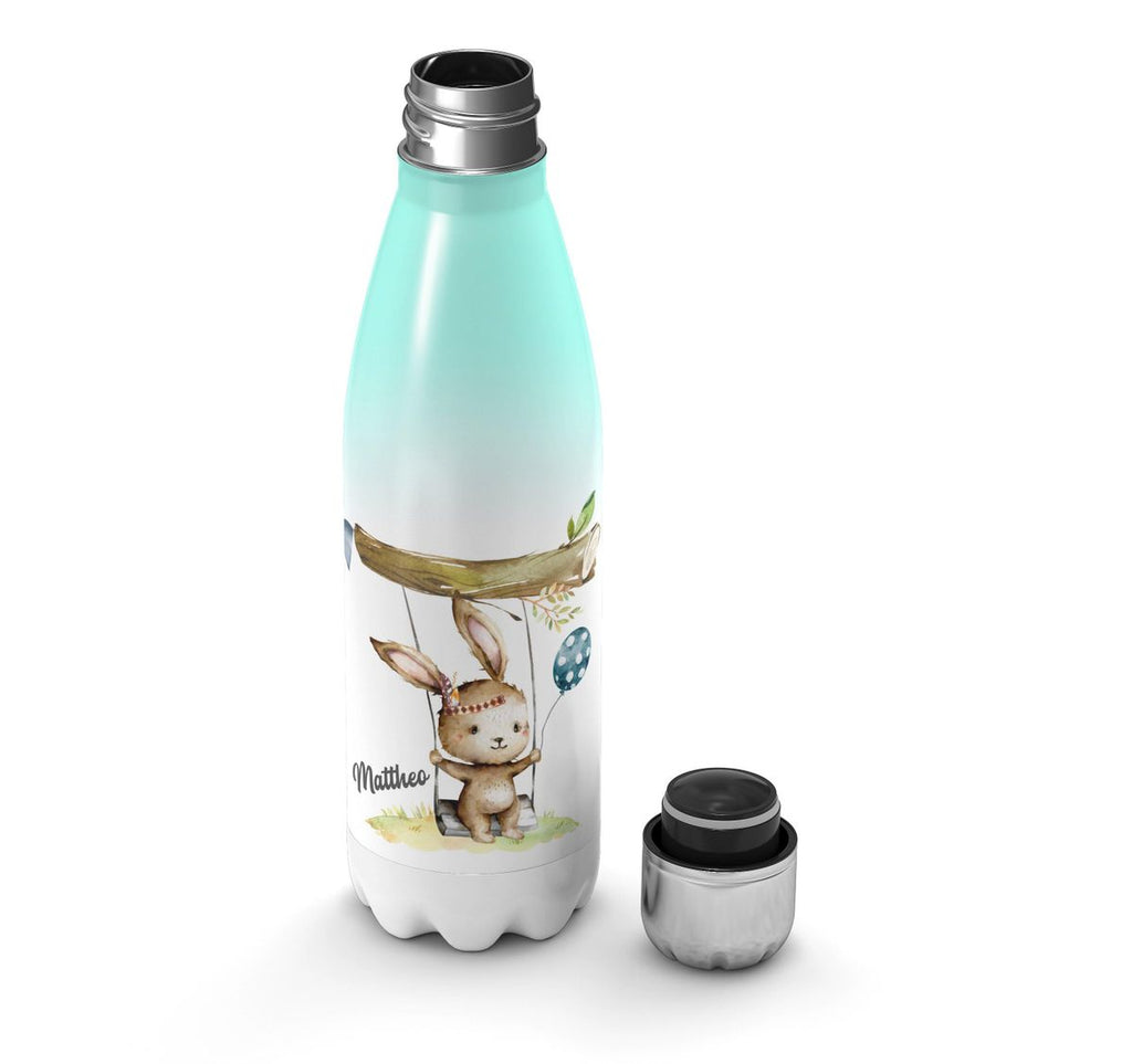 Thermo Trinkflasche Kleiner Hase Schaukel für Jungen mit Wunschname - von Mikalino