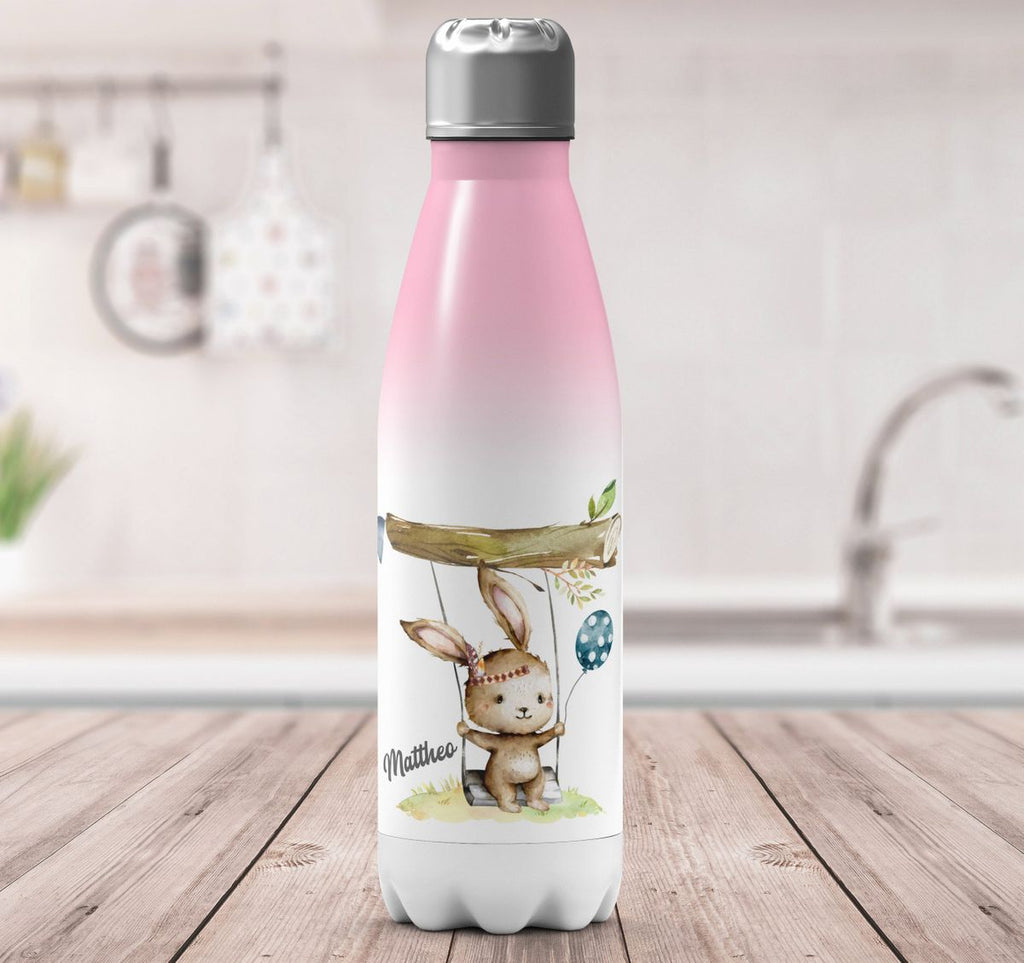 Thermo Trinkflasche Kleiner Hase Schaukel für Jungen mit Wunschname - von Mikalino