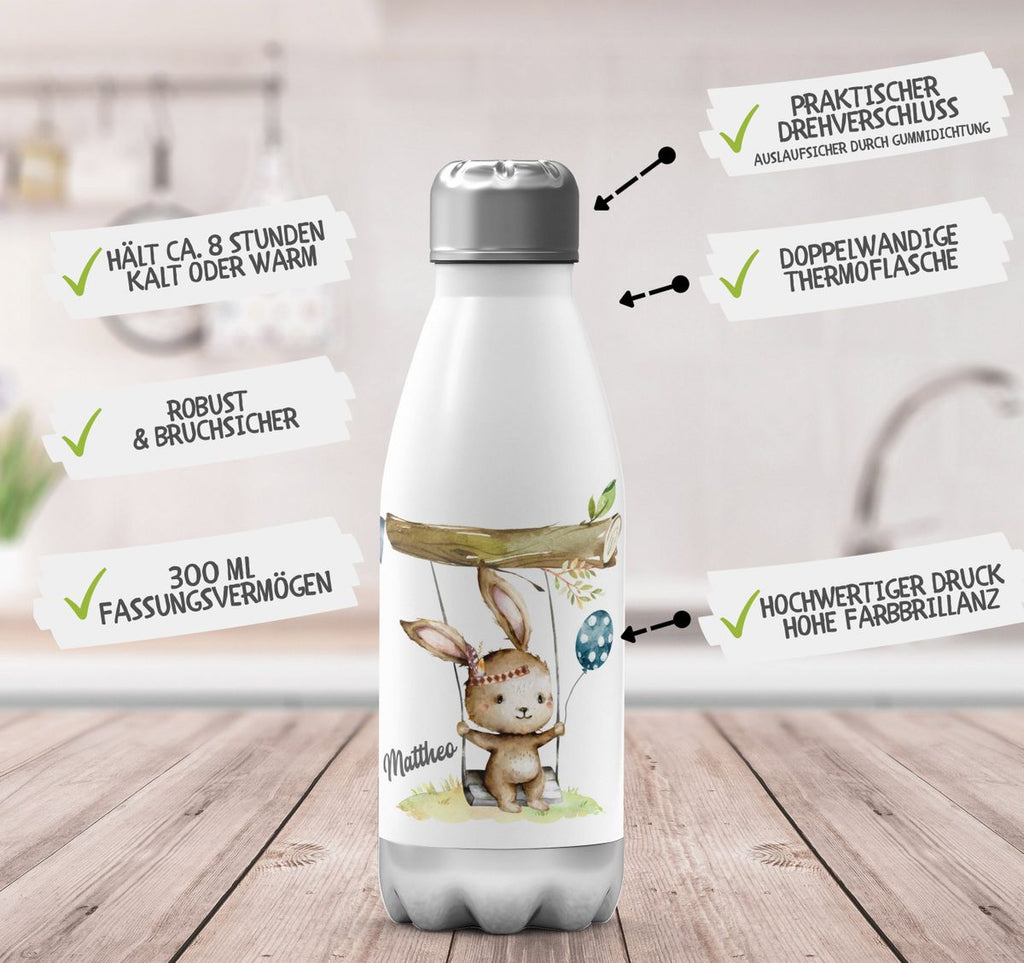 Thermo Trinkflasche Kleiner Hase Schaukel für Jungen mit Wunschname - von Mikalino