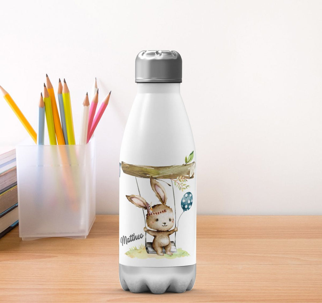 Thermo Trinkflasche Kleiner Hase Schaukel für Jungen mit Wunschname - von Mikalino