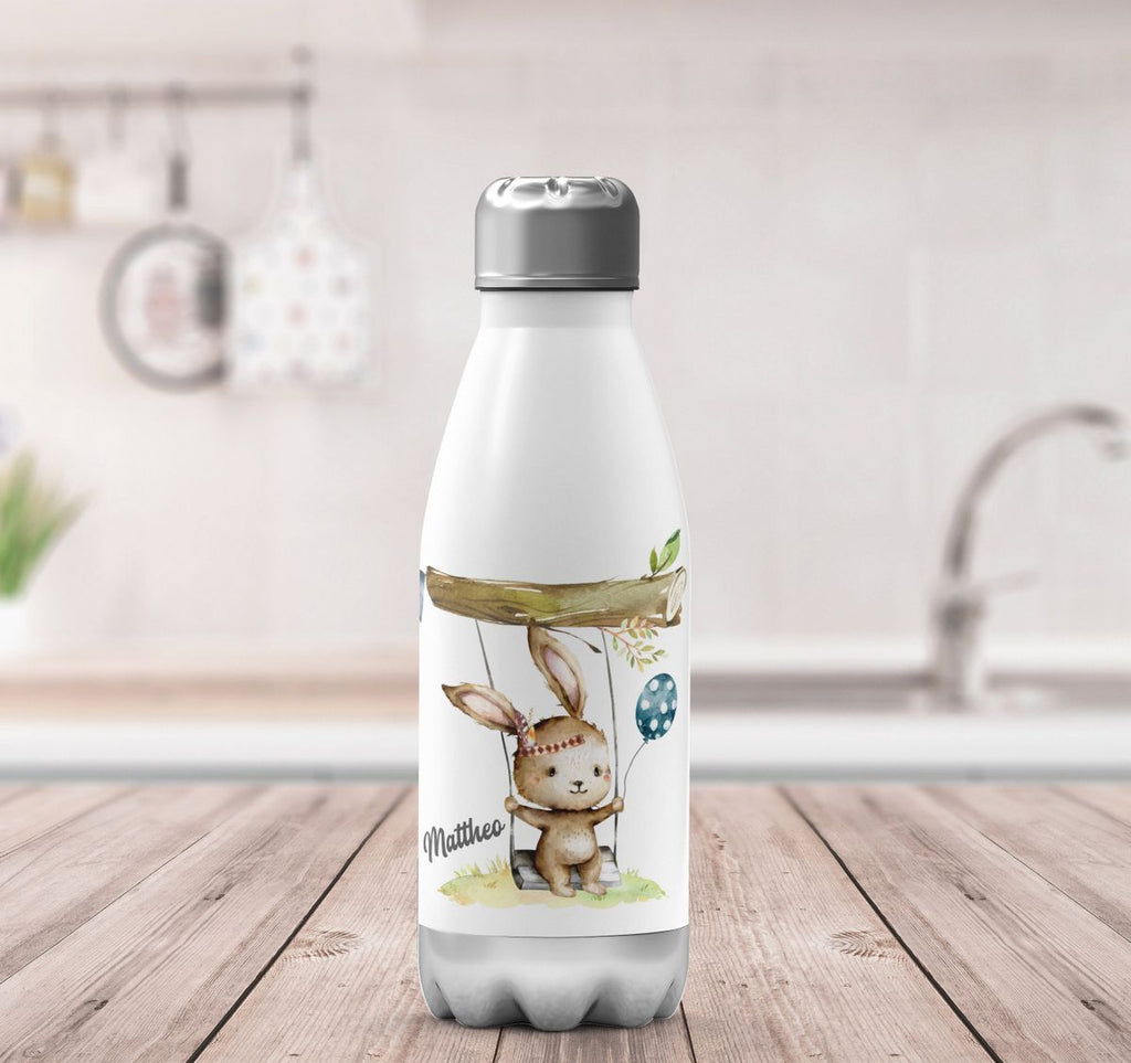 Thermo Trinkflasche Kleiner Hase Schaukel für Jungen mit Wunschname - von Mikalino