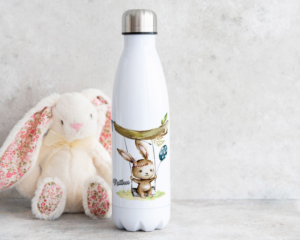 Thermo Trinkflasche Kleiner Hase Schaukel für Jungen mit Wunschname - von Mikalino