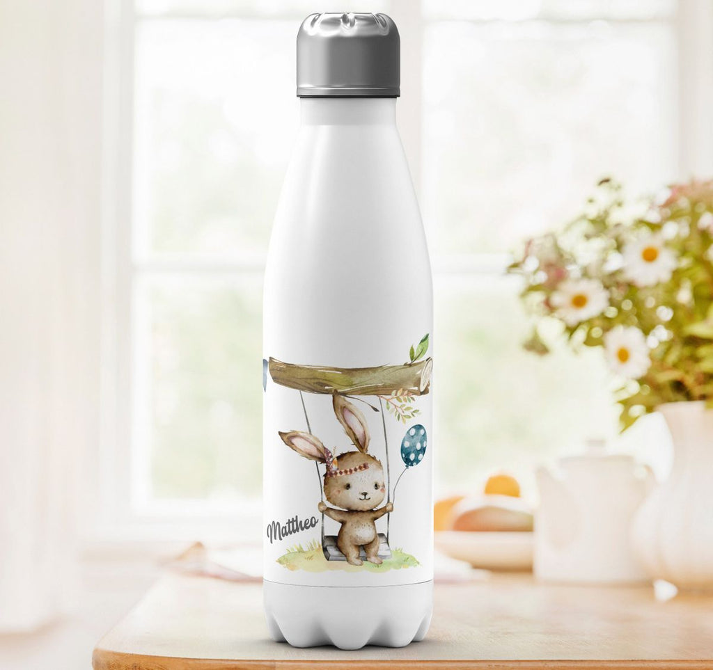 Thermo Trinkflasche Kleiner Hase Schaukel für Jungen mit Wunschname - von Mikalino