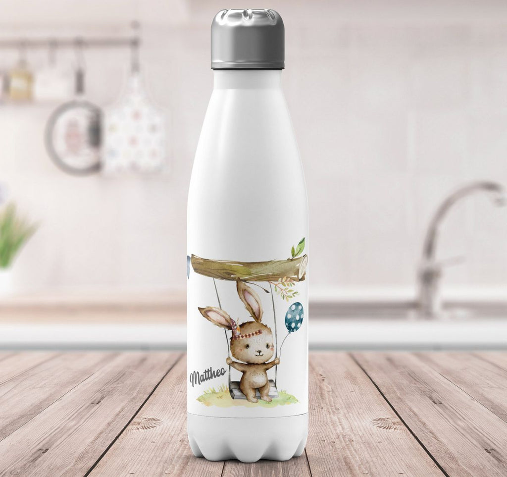 Thermo Trinkflasche Kleiner Hase Schaukel für Jungen mit Wunschname - von Mikalino