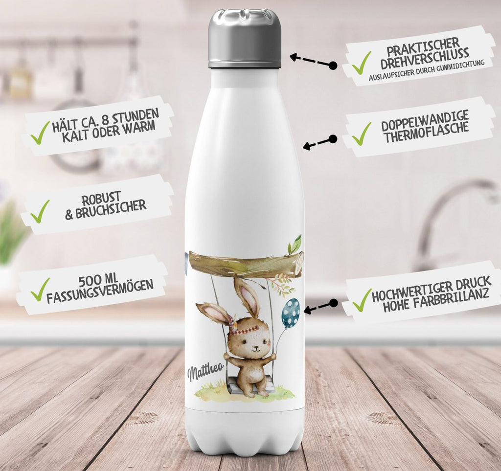 Thermo Trinkflasche Kleiner Hase Schaukel für Jungen mit Wunschname - von Mikalino