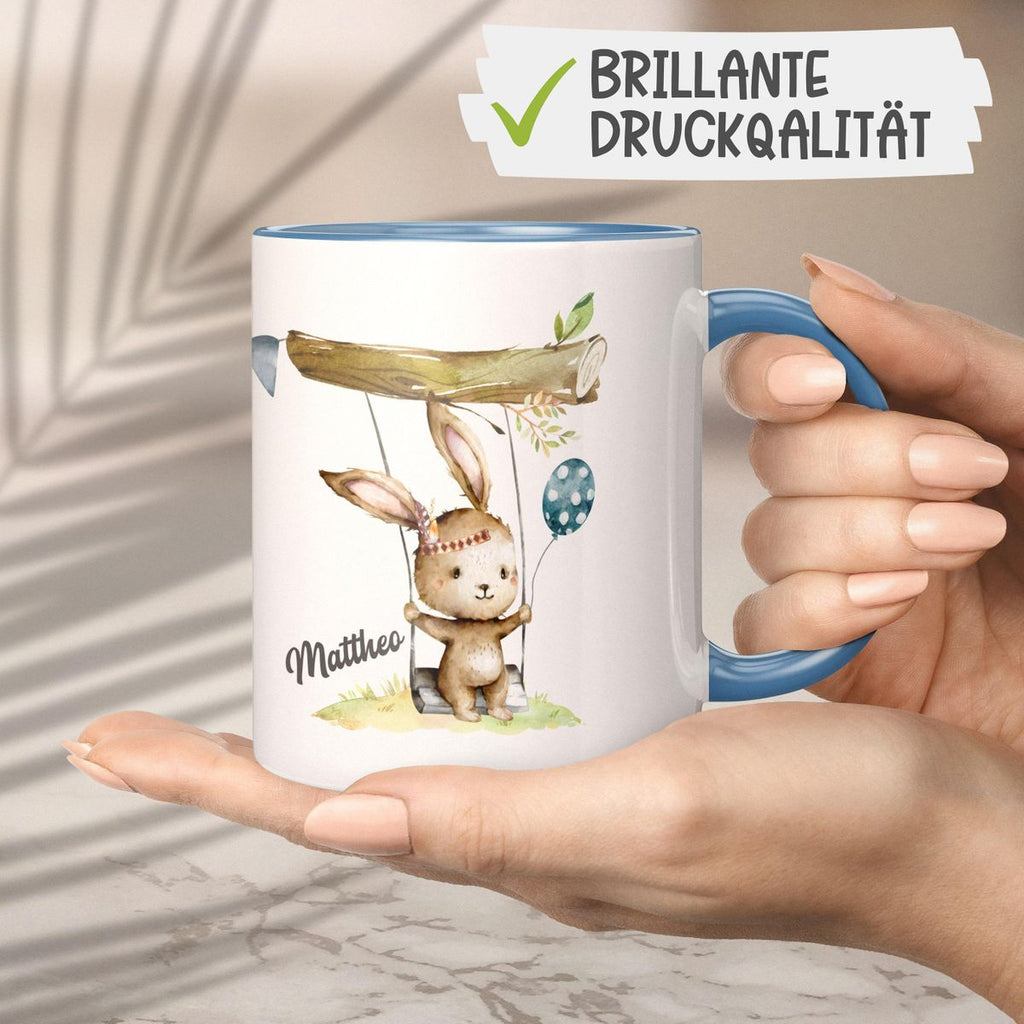 Keramik Tasse Kleiner Hase Schaukel für Jungen mit Wunschname - von Mikalino